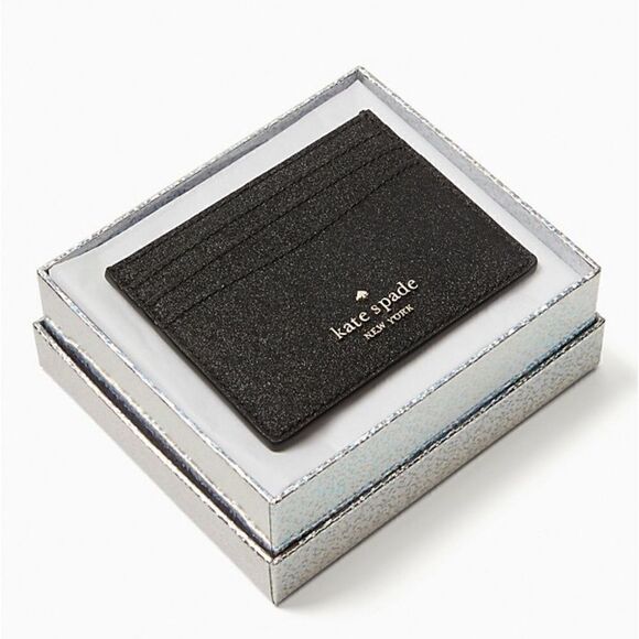 NEW Kate Spade glitter black small slim card holder boxed - Picture 1 of 8